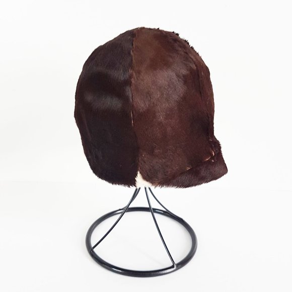 Vintage Cowhide Newsboy Hat, Dark Brown and White Cowhide Fur Baker Boy Hat - Picture 3 of 8